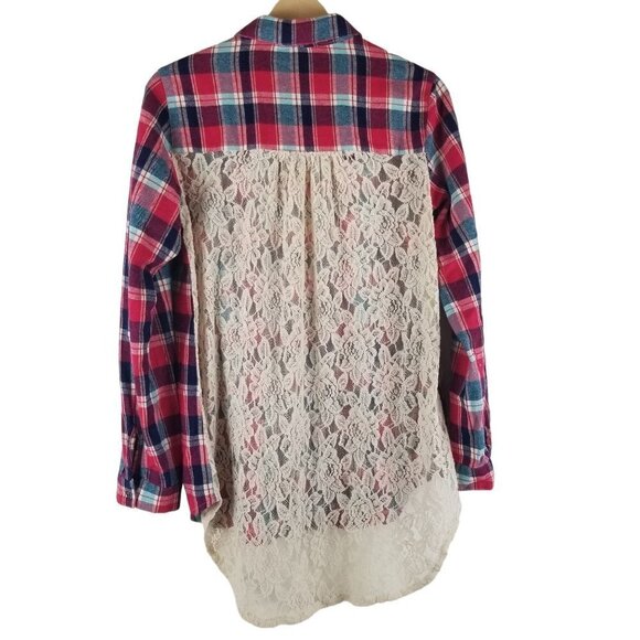 ALTAR'D State‎ Shirt Womens Medium Plaid Flannel Lace Oversized Roll Tab Sleeve - Picture 2 of 10